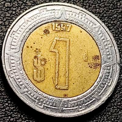 泉币菌-第212场-拍品多 请提前出价（工作最近较忙 发货不及时，望理解） - 1997年 墨西哥1比索 双色币 21mm 玛雅鹰蛇