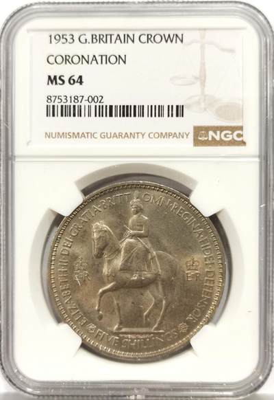 博洋堂世界钱币拍卖第165期（全场包邮） - NGC MS64 英国1953年伊丽莎白二世登基纪念克朗，高分好品，极美转光，正面带淡彩。