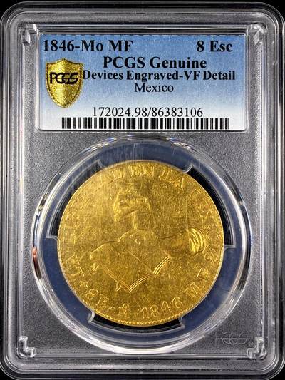 【雨安】【直播拍卖】【第0129期-评级币章】2026-03-21 周六 19:30 (金价1115, 银价20.09) - [评级金铂] Mexico [金币] 墨西哥 8埃斯库多 1846年 鹰洋 [27.07克, 0.875金]  PCGS-VF 少见大金币