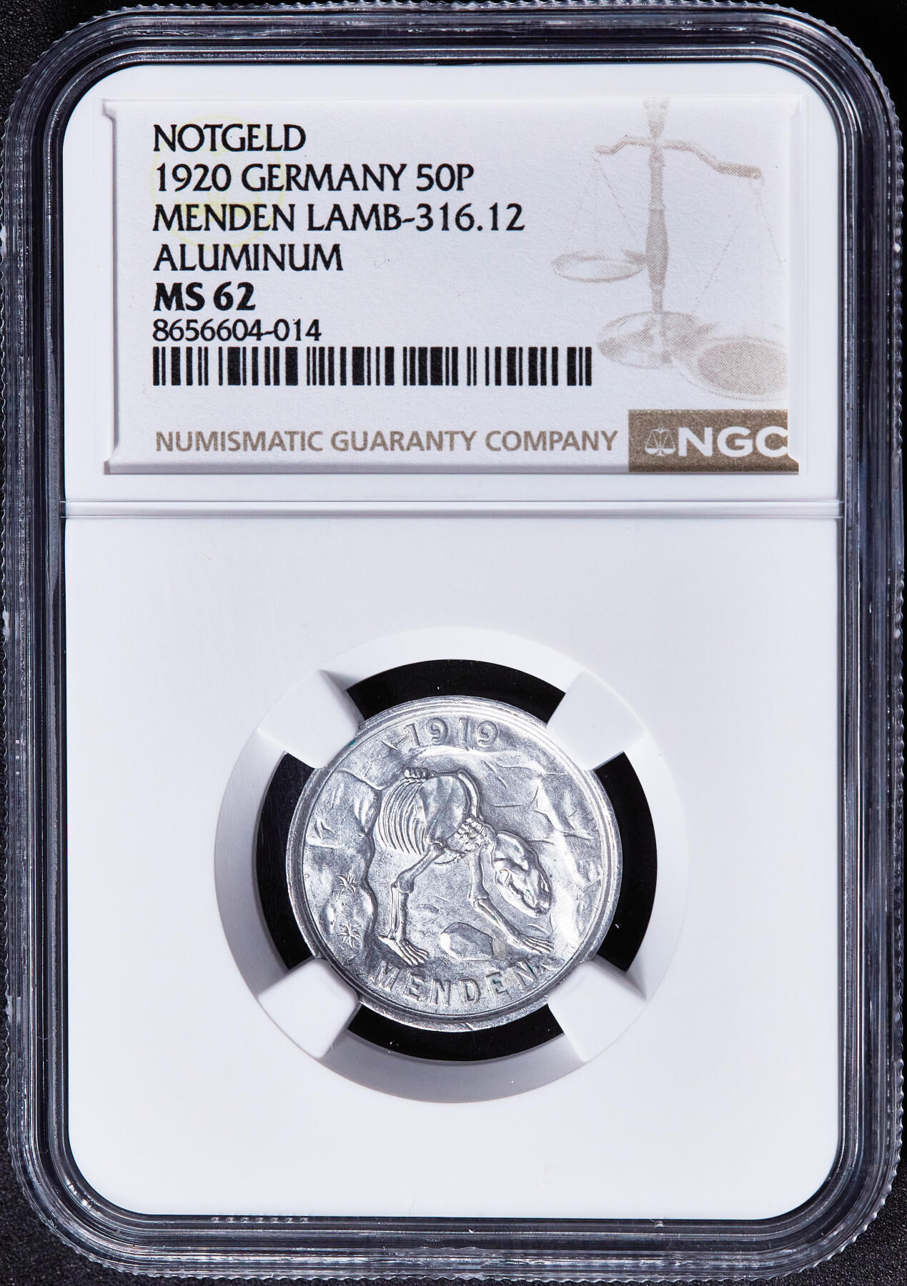 【俄甄集藏】2026年(049)03-18星期三 晚 19:30 全场包邮 德国1920年紧急时期门登市25芬尼饥饿骷髅动物铝币，NGC MS62，类精制底板，转光品相，设计经典