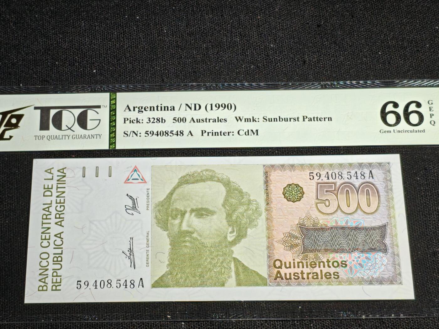 刘世昌艺术品销售中心～虎踞龙蟠*金杨在线联拍群第519期 阿根廷1990年500奥斯特（TQG    66GE    号码：59408548A）1枚。