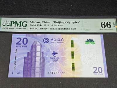 刘世昌艺术品销售中心～虎踞龙蟠*金杨在线联拍群第519期 - 中国澳门2022年“北京冬奥会”贰拾圆纪念钞（PMG 66E 号码：BC1296536）1枚。
