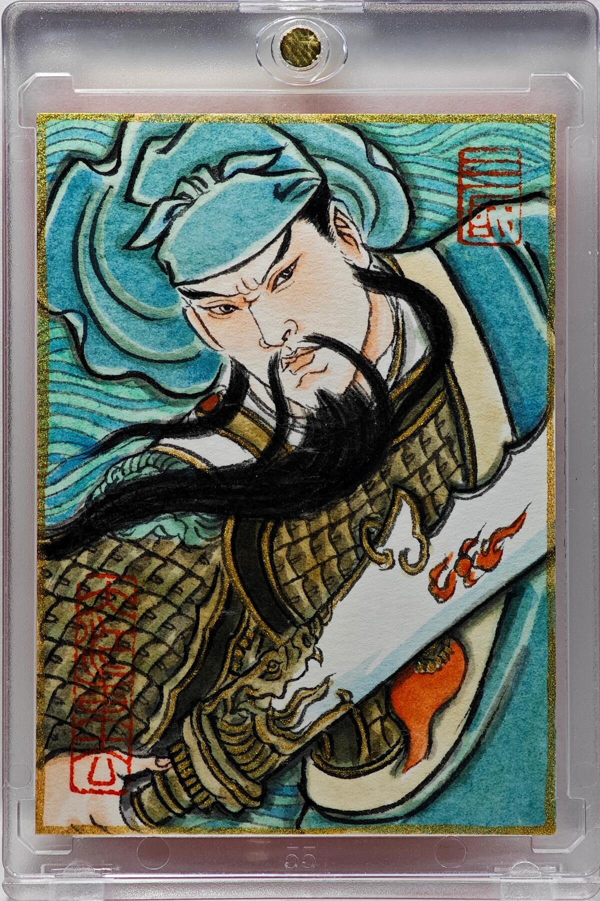 白泽拍卖卡牌手绘专场第34期（花朝去了又春分 草如茵 柳烟新） 2025 卢艺丰手绘卡 五虎上将之首 关羽  卢艺丰亲签 卡砖封装