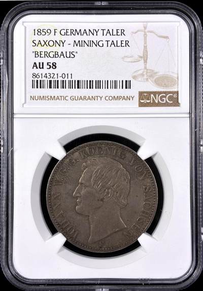 【雨安】【直播拍卖】【第0129期-评级币章】2026-03-21 周六 19:30 (金价1115, 银价20.09) - [评级德国] Germany 德国 德意志 1泰勒 Saxony萨克森 Thun.342 (1858-1861) 矿业 1859年  NGC-AU58 极美细节, 深打, 完全不输MS品质, 原味欧洲淡美包浆 严评