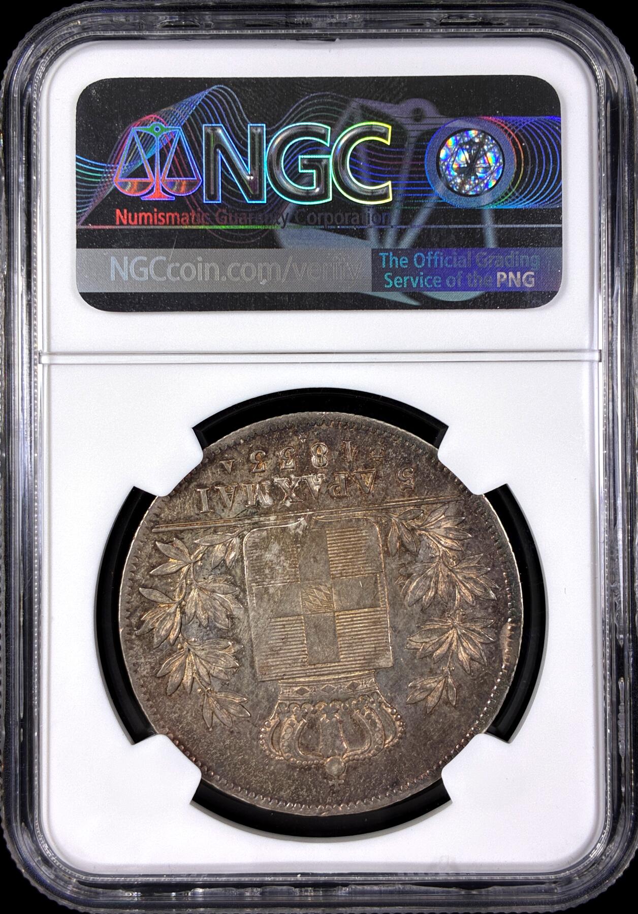 【雨安】【直播拍卖】【第0129期-评级币章】2026-03-21 周六 19:30 (金价1115, 银价20.09) [评级欧洲] Greece 希腊 5德拉马克 KM#0020 (1833-1846) 奥托 1833年  NGC-AU55 少见品种, 55分难得