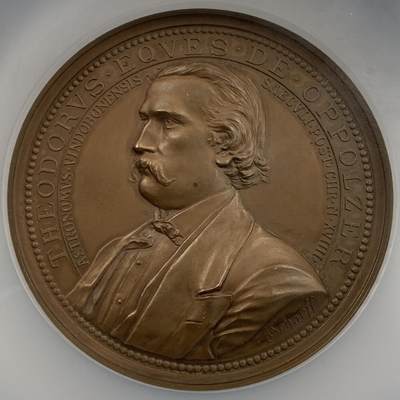 掌中浮雕-藏着的欧洲第055场 - NGC MS64 : 1887年奥地利数学家天文学家奥博尔策铜章，65mm，奥地利章牌大师安东·沙夫（ A.scharff）作品