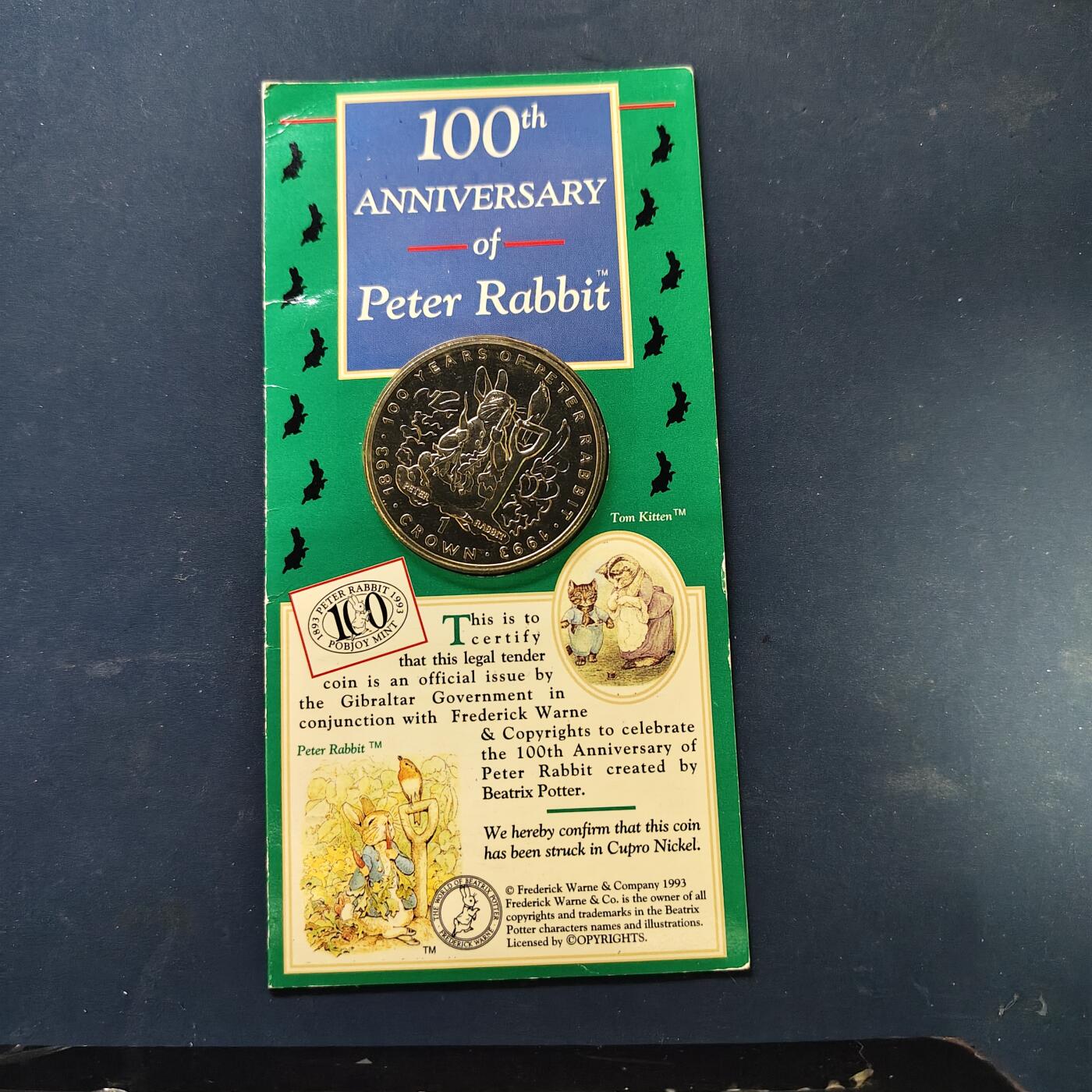 【全场包邮】纯粹捡漏拍513场 直布罗陀1993年1克朗彼得兔100周年官方卡装克朗型纪念币