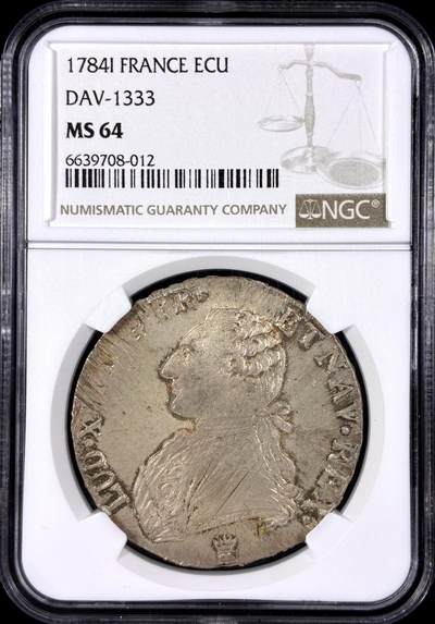【雨安】【直播拍卖】【第0129期-评级币章】2026-03-21 周六 19:30 (金价1115, 银价20.09) - [评级法国] France 法国 1埃居 KM#0564 DAV-1333 路易十六 1784年  NGC-MS64 顶级粉光, 淡美包浆