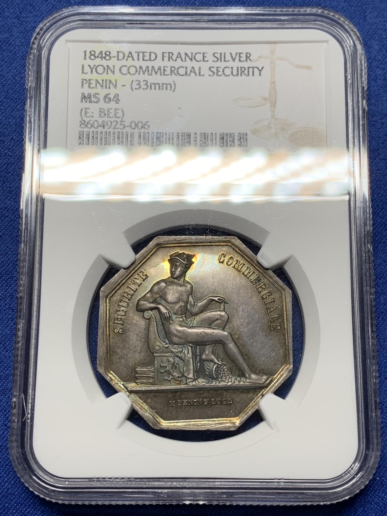 《竞宝斋》第472场 周日，周一，周二 3场连拍 （全场包邮）欢迎送拍 NGC MS64 法国里昂省级银行商业安全八角银质jeton