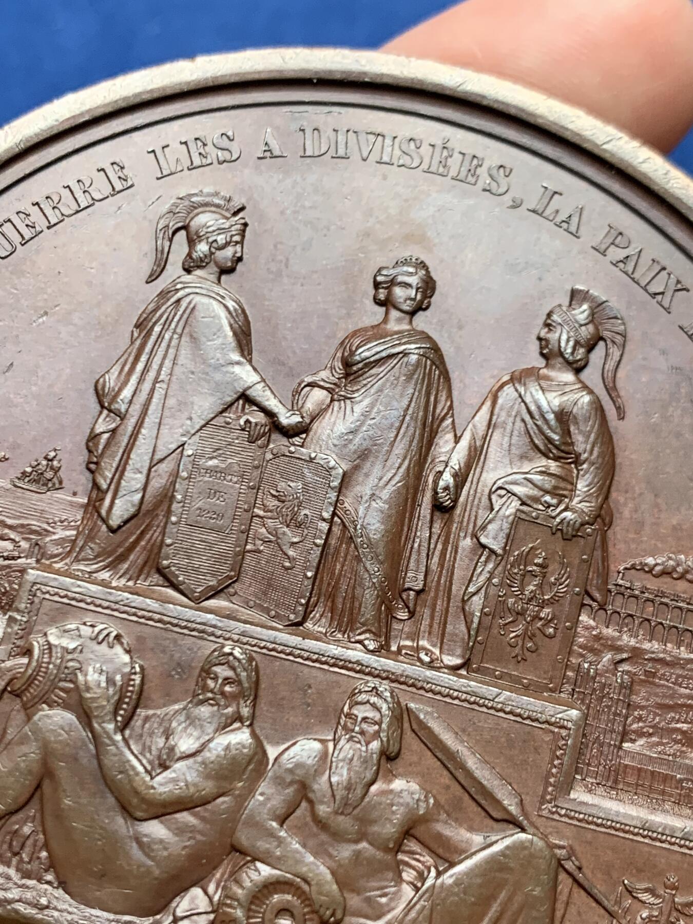 《竞宝斋》第472场 周日，周一，周二 3场连拍 （全场包邮）欢迎送拍 比利时1843年利奥波德一世头像亚琛至韦尔维耶铁路开通纪念铜章，超高浮雕，236.5g，72mm