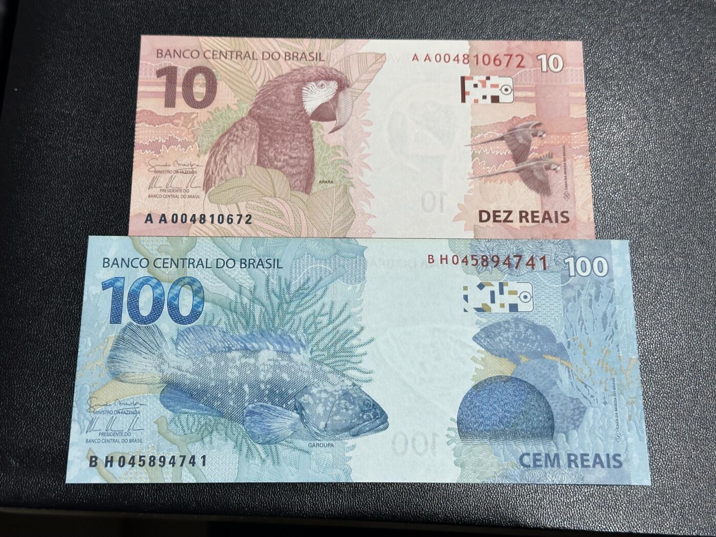 《外钞收藏家》第六百一十九期（精品场）（长期征集拍品、欢迎藏友们联系合作） 巴西10（AA冠）和100里亚尔 2张一起 全新