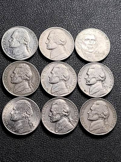 泉币菌-第212场-拍品多 请提前出价（工作最近较忙 发货不及时，望理解） - 9枚一组 美国杰斐逊纪念币 混合年份未挑