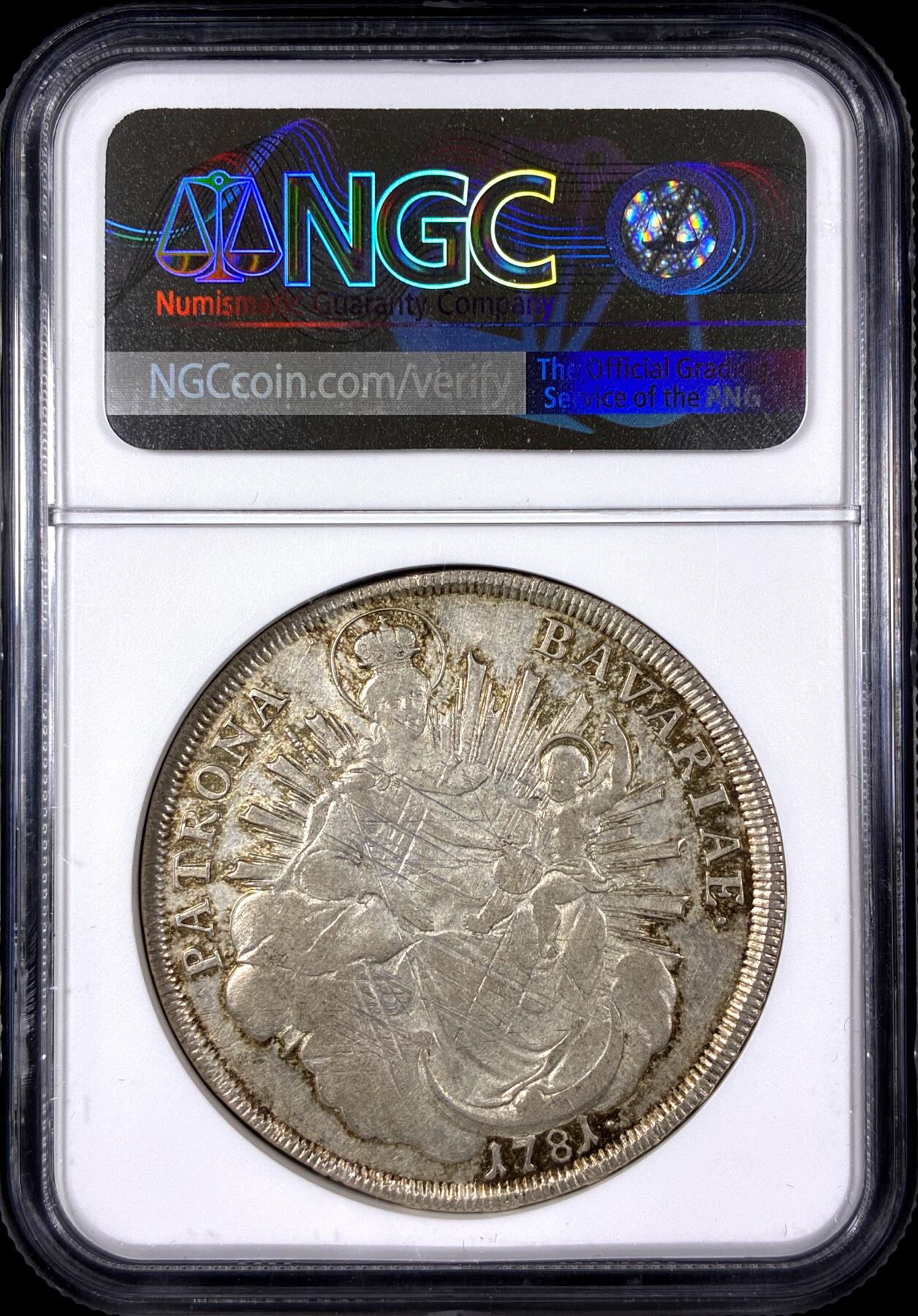 【雨安】【直播拍卖】【第0129期-评级币章】2026-03-21 周六 19:30 (金价1115, 银价20.09) [评级德国] Germany 德国 德意志 1泰勒 Bavaria巴伐利亚 KM#0563 卡尔·特奥多尔.圣母抱婴 1781年  NGC-XF45 带底光, 这个品种出分不易