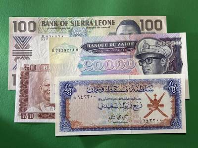 咖啡豆•收藏 2026年Mar_24th世界各国纸币拍卖 - 4枚 塞拉利昂/扎伊尔/阿曼 全新UNC 外国 中东/非洲纸币