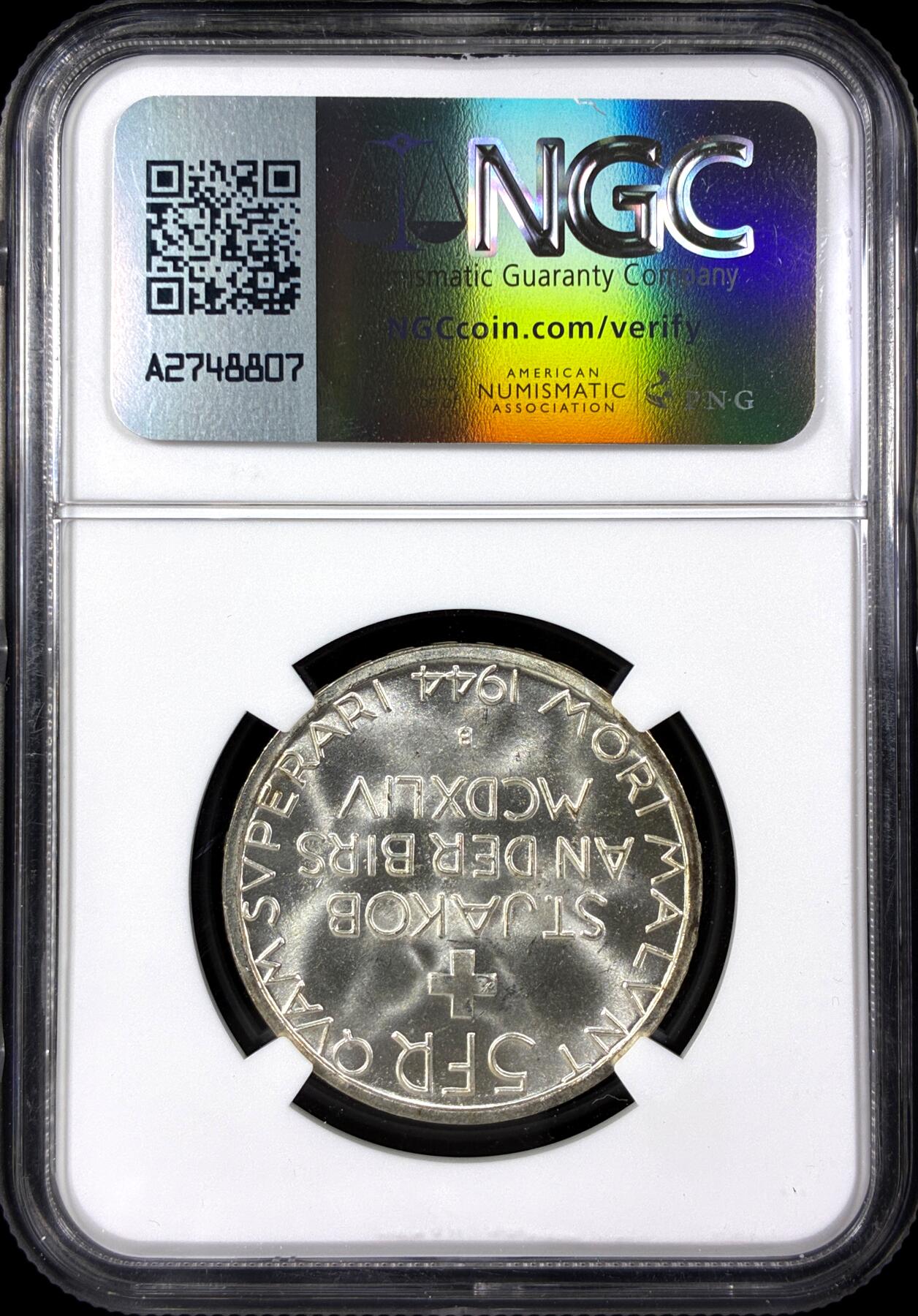 【雨安】【直播拍卖】【第0129期-评级币章】2026-03-21 周六 19:30 (金价1115, 银价20.09) [评级欧洲] Switzerland 瑞士 5法郎 1944年 圣雅各布比尔斯战役 KM# 45  NGC-MS66