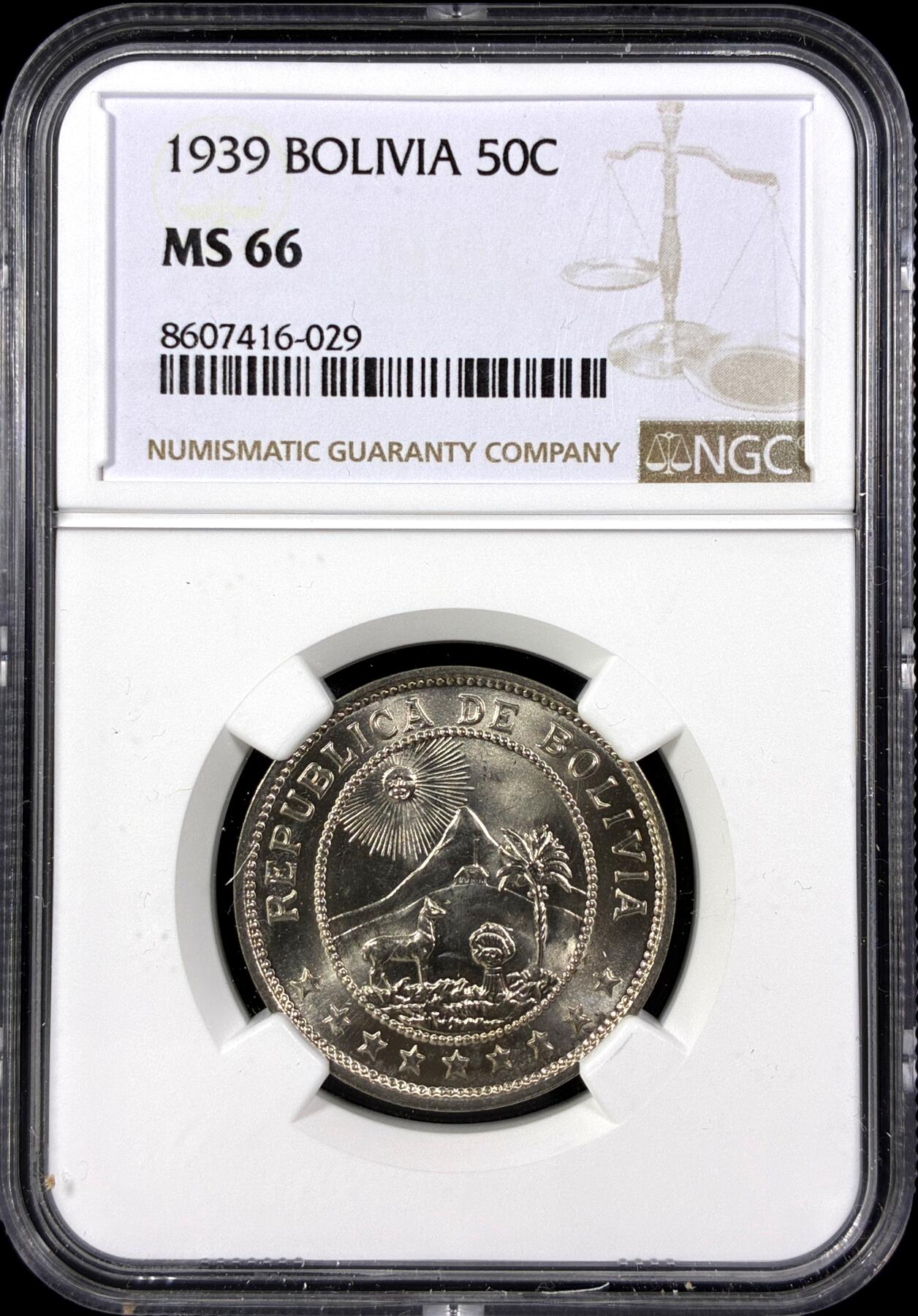 【雨安】【直播拍卖】【第0129期-评级币章】2026-03-21 周六 19:30 (金价1115, 银价20.09) [评级美洲] Bolivia 玻利维亚 50分 1939年  NGC-MS66