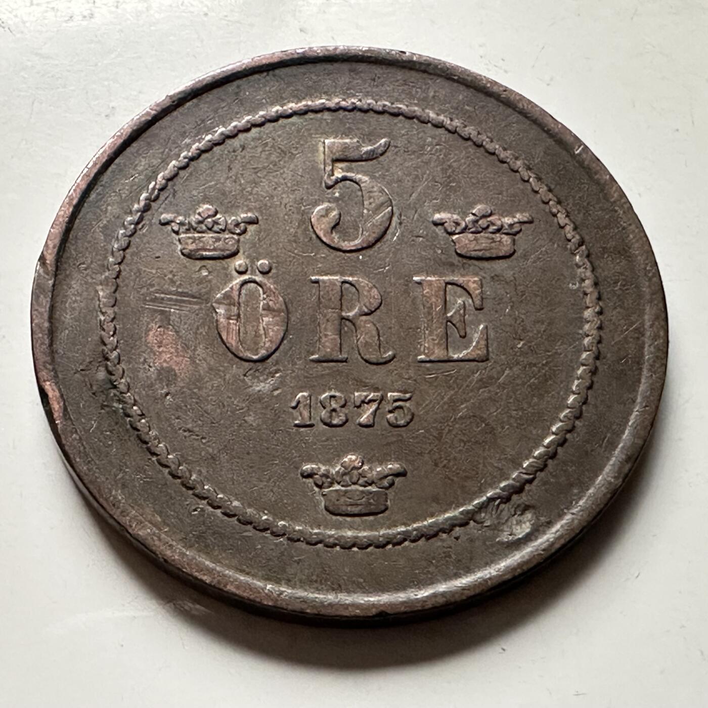 🌹外币初藏🌹🐯2026年第30场   每周二四六晚8️⃣点 接代拍 瑞典1875年 奥斯卡二世 5欧尔 铜币 b