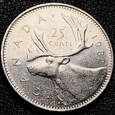 泉币菌-第212场-拍品多 请提前出价（工作最近较忙 发货不及时，望理解） - 高币值 加拿大1982年1/4加拿大元 伊丽莎白二世 驯鹿 24mm 