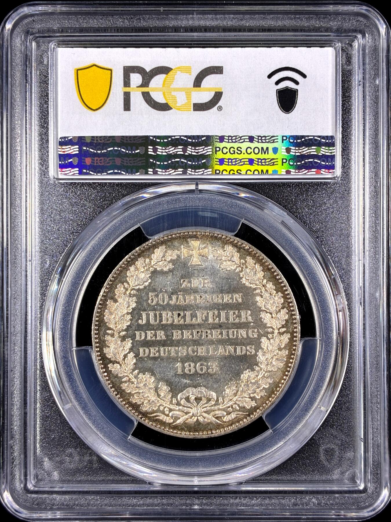 【雨安】【直播拍卖】【第0129期-评级币章】2026-03-21 周六 19:30 (金价1115, 银价20.09) [评级德国] Germany 德国 德意志 1泰勒 Bremen不莱梅 Thun.124 (1863) 自由50周年 1863年  PCGS-MS63 粉光, 淡包浆