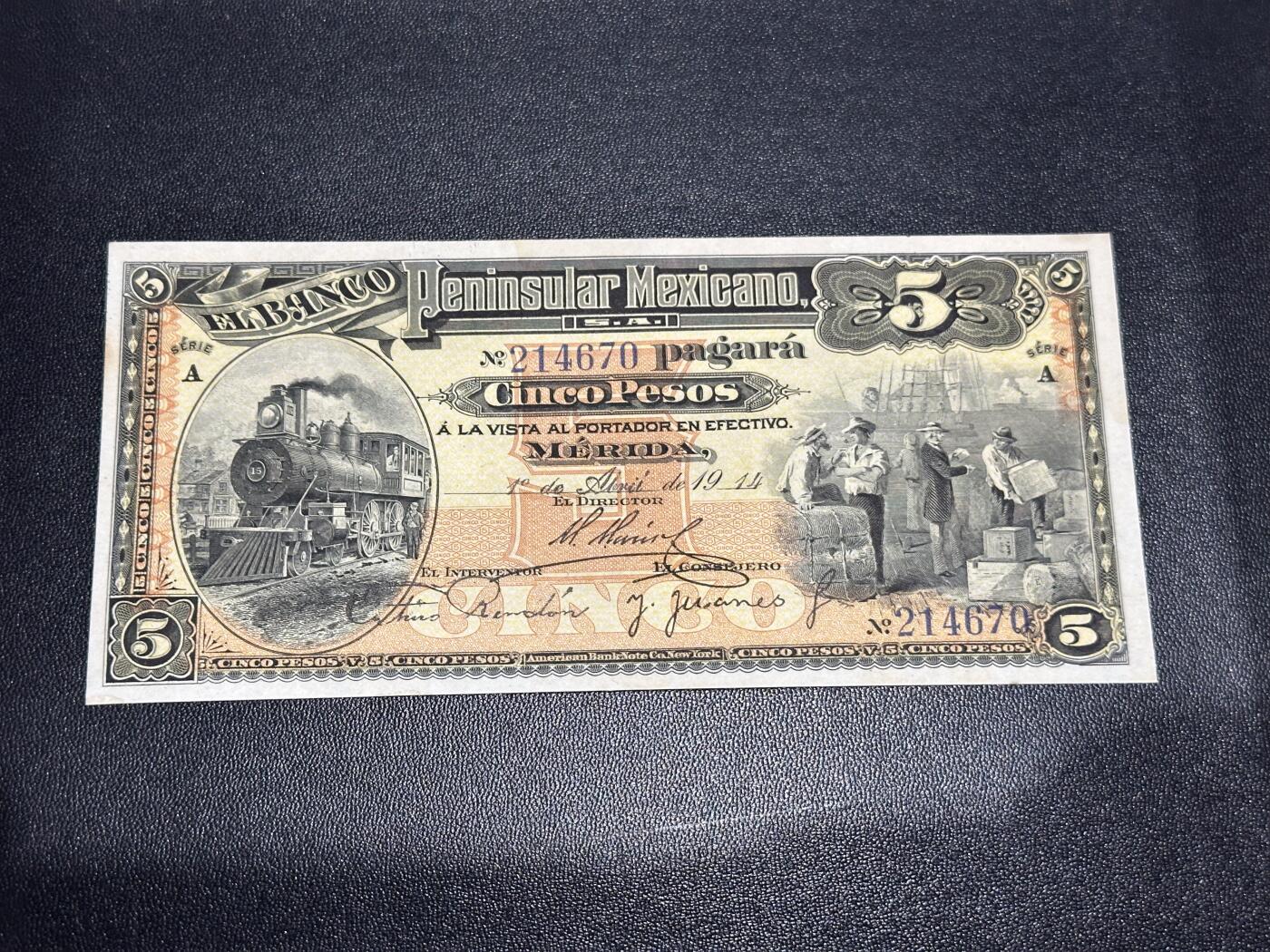 《外钞收藏家》第六百一十九期（精品场）（长期征集拍品、欢迎藏友们联系合作） 1914年墨西哥5比索 UNC-
