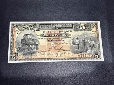 《外钞收藏家》第六百一十九期（精品场）（长期征集拍品、欢迎藏友们联系合作） - 1914年墨西哥5比索 UNC-