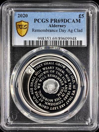【雨安】【直播拍卖】【第0129期-评级币章】2026-03-21 周六 19:30 (金价1115, 银价20.09) - [评级现代] Alderney 奥尔德尼 5镑 2020年 国殇纪念日 PCGS-PR69DCAM 精制币