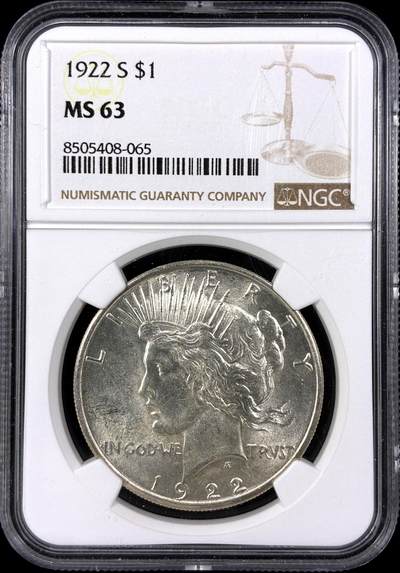 【雨安】【直播拍卖】【第0129期-评级币章】2026-03-21 周六 19:30 (金价1115, 银价20.09) - [评级美洲] USA 美国 1美元 (1921-1935) 和平鸽 1922年S  NGC-MS63