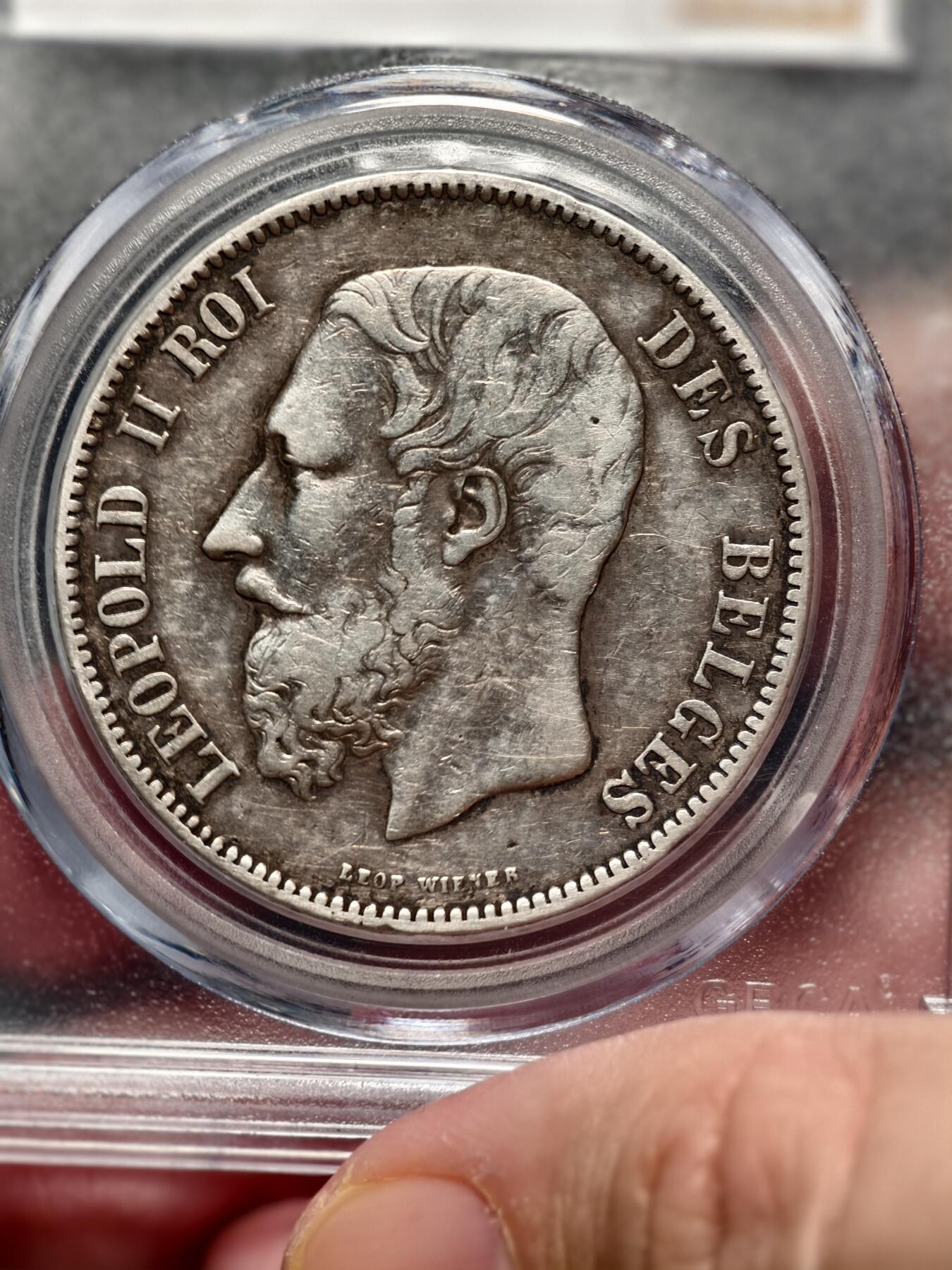 抚柳草堂-第十七期章牌钱币  奖章勋章限时免佣 满百包邮 放漏专场 1869比利时利奥波德二世5法郎大银币 公博xf45 比利时名家Wiener作品 底板不错细节也好 