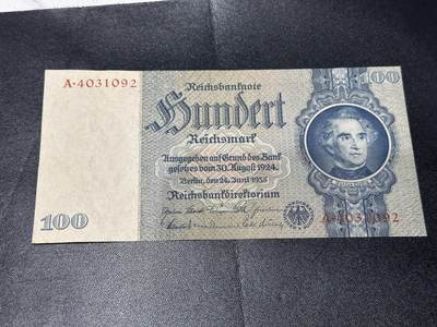 《外钞收藏家》第六百一十九期（精品场）（长期征集拍品、欢迎藏友们联系合作） - 1924年版德国100马克 A冠 正面左下角有黄 UNC- 尾092