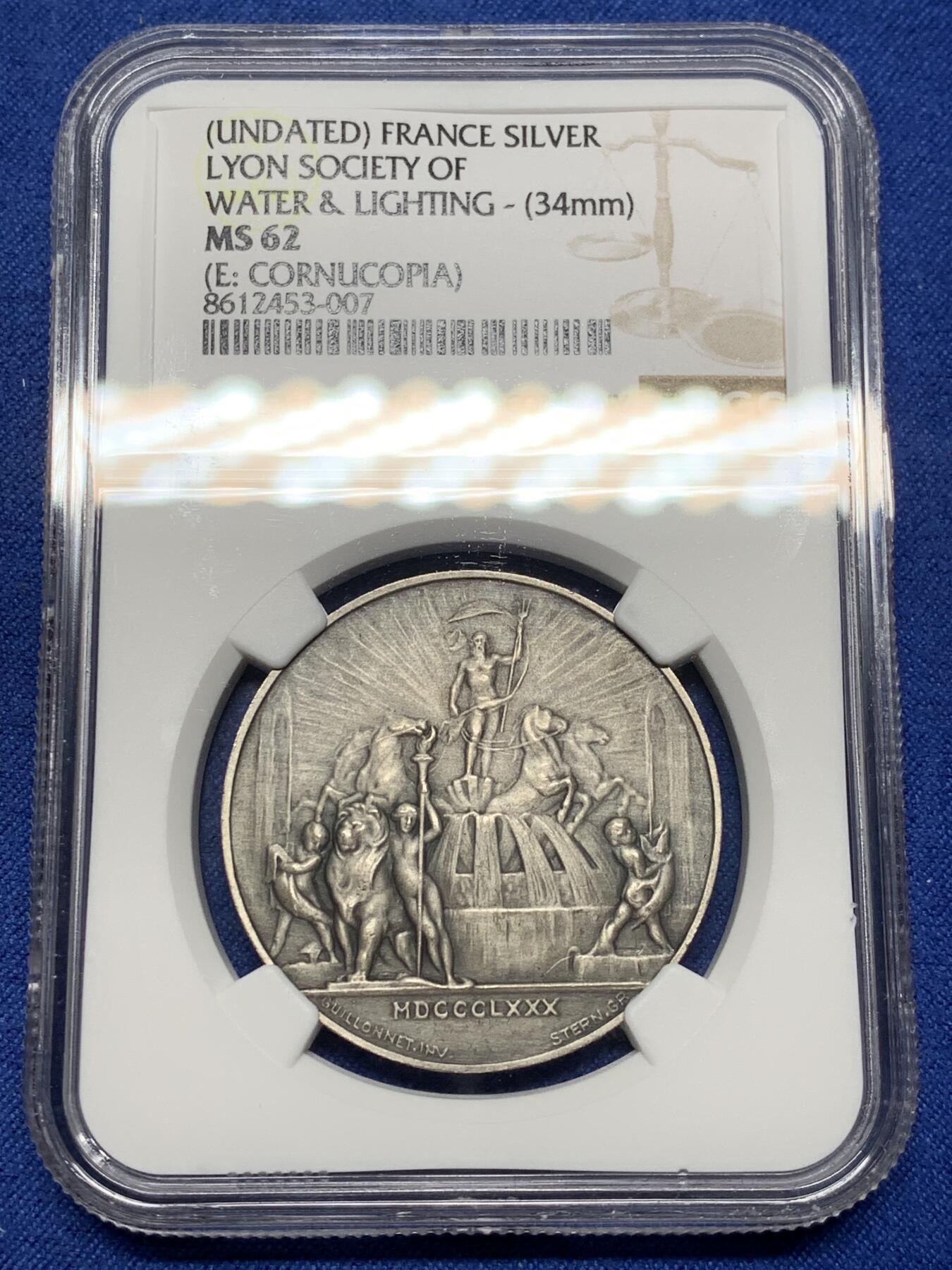 《竞宝斋》第472场 周日，周一，周二 3场连拍 （全场包邮）欢迎送拍 NGC MS62 法国里昂水务和照明公司银质代币