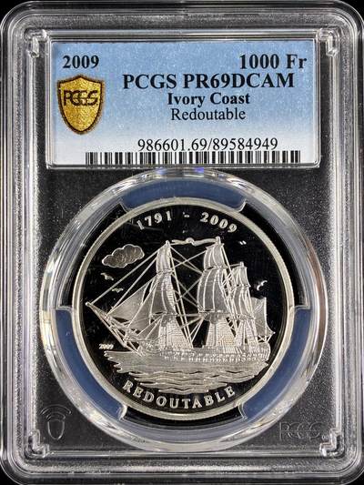 【雨安】【直播拍卖】【第0129期-评级币章】2026-03-21 周六 19:30 (金价1115, 银价20.09) - [评级现代] Ivory Coast 科特迪瓦 1000法郎 2009年 帆船 PCGS-PR69DCAM 精制币