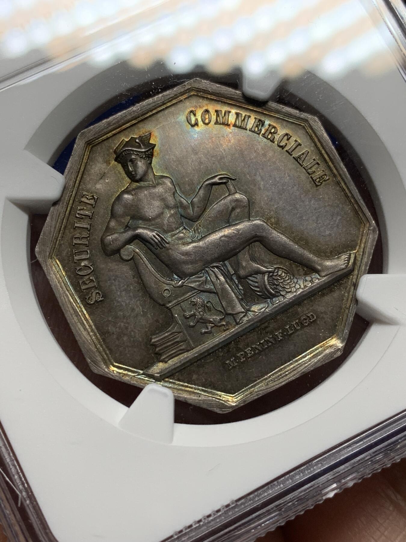 《竞宝斋》第472场 周日，周一，周二 3场连拍 （全场包邮）欢迎送拍 NGC MS64 法国里昂省级银行商业安全八角银质jeton