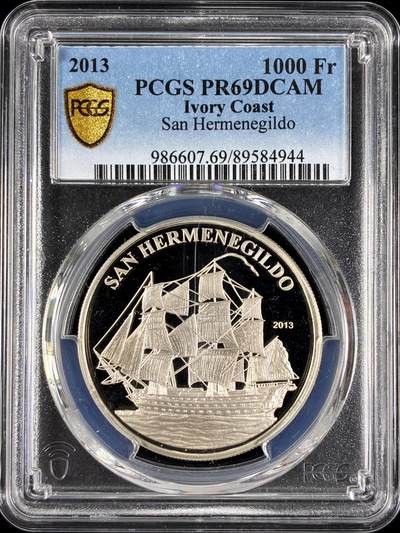 【雨安】【直播拍卖】【第0129期-评级币章】2026-03-21 周六 19:30 (金价1115, 银价20.09) - [评级现代] Ivory Coast 科特迪瓦 1000法郎 2013年 帆船 PCGS-PR69DCAM 精制币