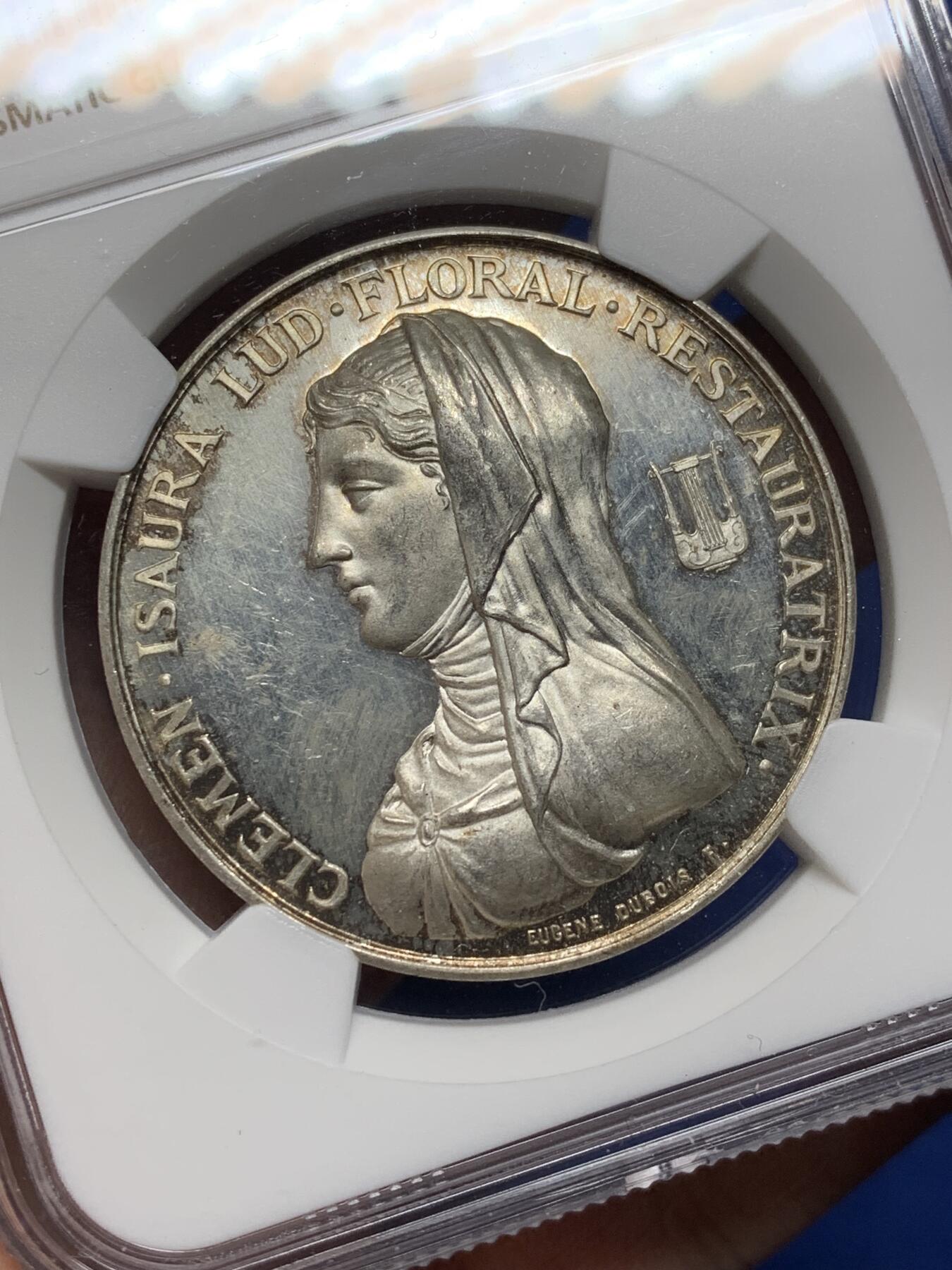 《竞宝斋》第472场 周日，周一，周二 3场连拍 （全场包邮）欢迎送拍 NGC MS63 法国图卢兹花卉节银质代币，女诗人克莱门-伊索尔