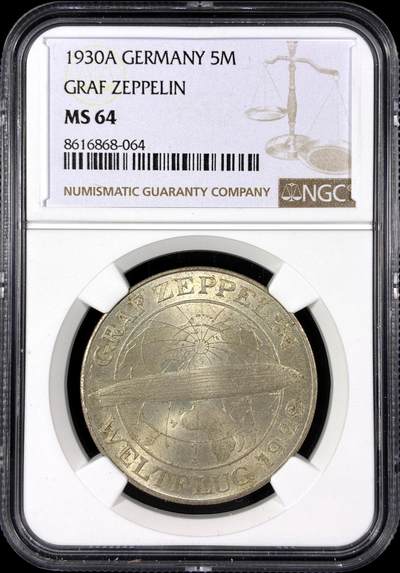 【雨安】【直播拍卖】【第0129期-评级币章】2026-03-21 周六 19:30 (金价1115, 银价20.09) - [评级德国] Germany 德国 魏玛 5马克 KM#68 飞艇 1930年  NGC-MS64