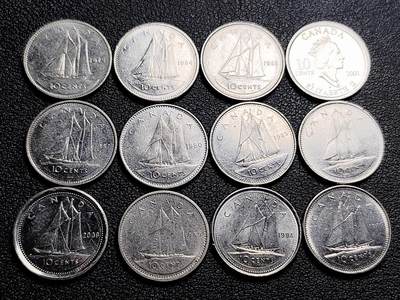 泉币菌-第212场-拍品多 请提前出价（工作最近较忙 发货不及时，望理解） - 12枚高币值一组 加拿大10分镍币 帆船 伊丽莎白二世 混合年份未挑 