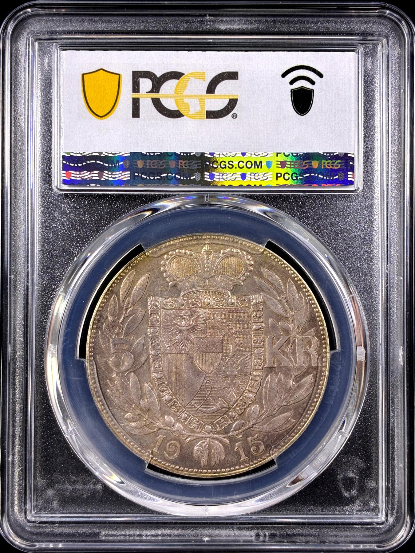 【雨安】【直播拍卖】【第0129期-评级币章】2026-03-21 周六 19:30 (金价1115, 银价20.09) [评级欧洲] Liechtenstein 列支敦士登 5克朗 1915年  PCGS-MS61 原味欧洲五彩包浆