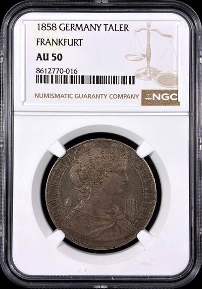【雨安】【直播拍卖】【第0129期-评级币章】2026-03-21 周六 19:30 (金价1115, 银价20.09) - [评级德国] Germany 德国 德意志 1泰勒 Frankfurt法兰克福 Thun.141 KM#0354 (1857-1858) 法兰克福少女.教堂 1858年  NGC-AU50 原味欧洲均匀淡美包浆