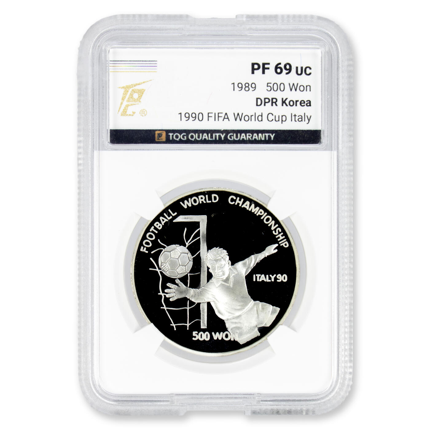 1989年朝鲜-90'意大利世界杯足球赛纪念银币27g999纯银TQG评级PF69冠军分