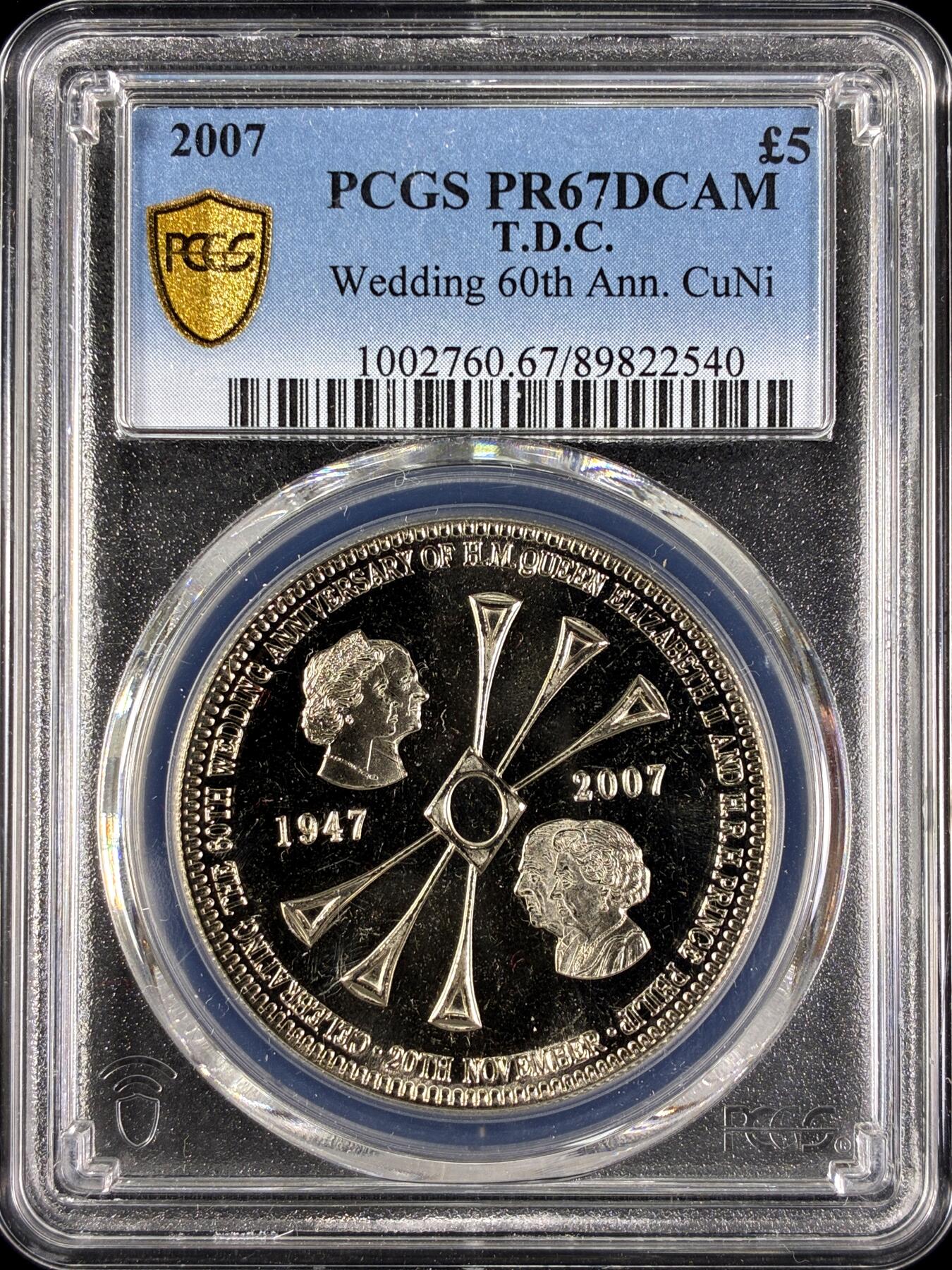 【雨安】【直播拍卖】【第0129期-评级币章】2026-03-21 周六 19:30 (金价1115, 银价20.09) [评级现代] Tristan da Cunha 特里斯坦-达库尼亚群岛 5镑 2007年 结婚60周年 PCGS-PR67DCAM 精制币