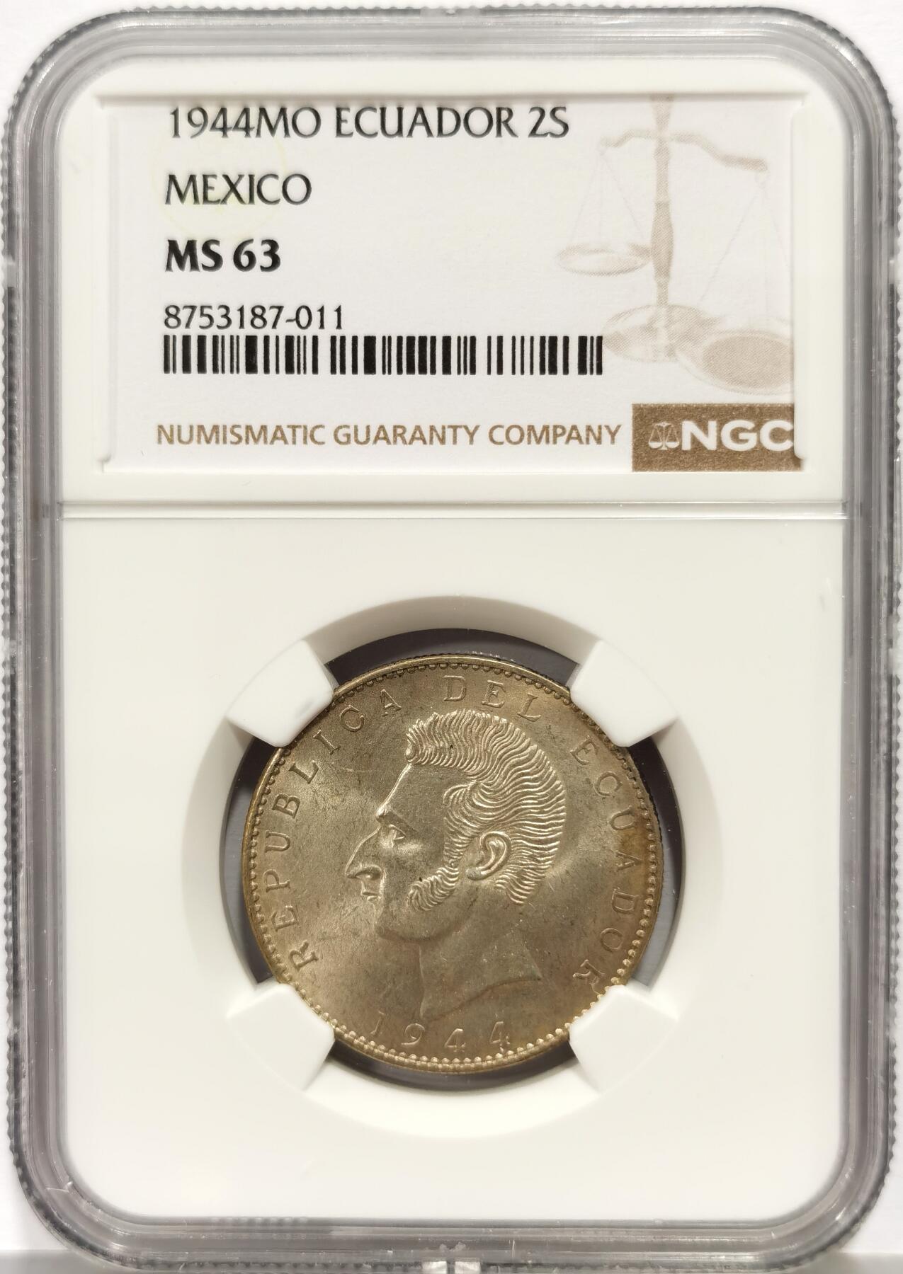 博洋堂世界钱币拍卖第165期（全场包邮） NGC MS63 厄瓜多尔1944年2苏克雷银币，淡金彩包浆，极美转光好品。