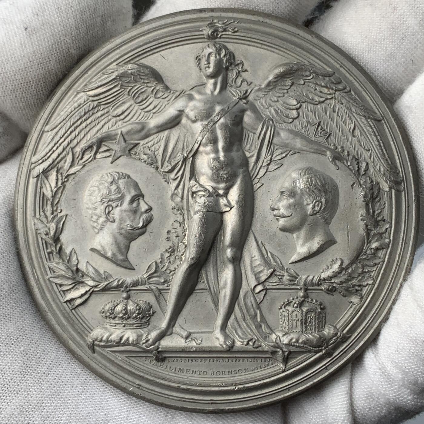 掌中浮雕-藏着的欧洲第055场 1888年意大利翁贝托一世于威廉二世在罗马会面白色金属（WM）纪念章，70mm