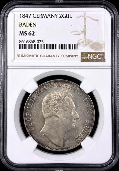 【雨安】【直播拍卖】【第0129期-评级币章】2026-03-21 周六 19:30 (金价1115, 银价20.09) - [评级德国] Germany 德国 德意志 2盾 Baden巴登 Thun.027 KM#0222 (1846-1852) 1847年  NGC-MS62