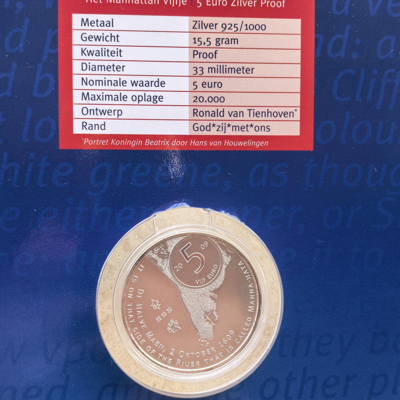 道一币馆币章第一百七十场 原包装 荷兰2009年曼哈顿建市400周年5欧元精制银币