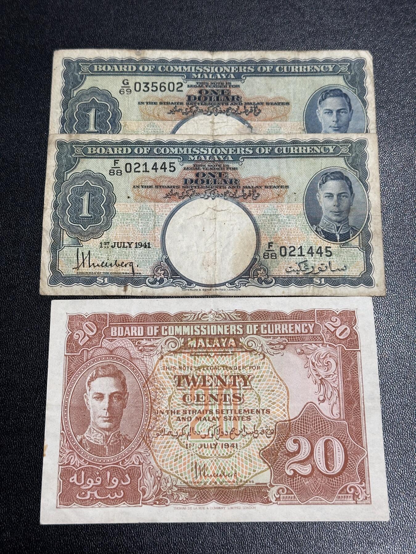 《外钞收藏家》第六百一十九期（精品场）（长期征集拍品、欢迎藏友们联系合作） 英属马来亚 乔治六世 1元2张和20分1张一起 非全新 品相如图