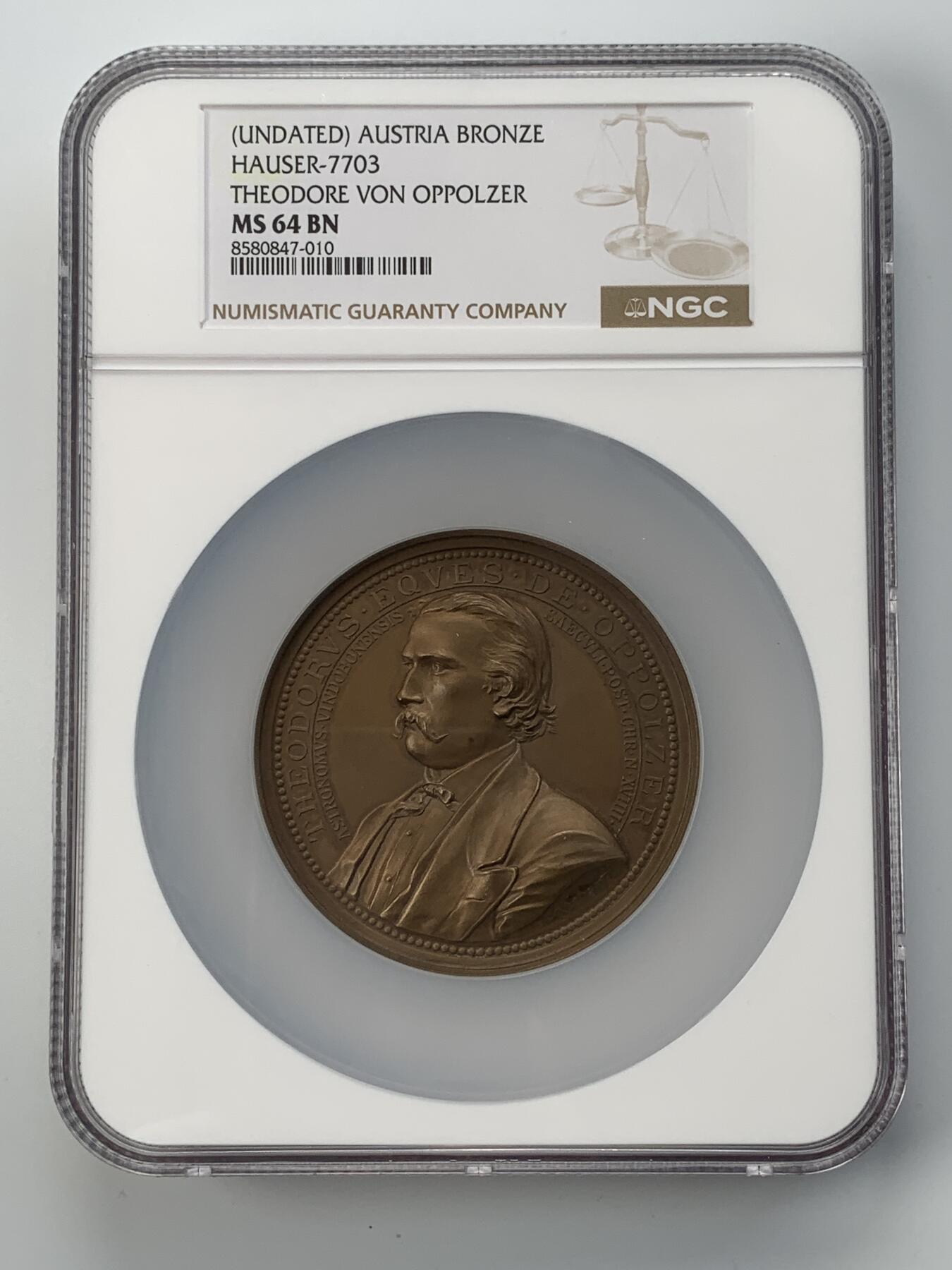 掌中浮雕-藏着的欧洲第055场 NGC MS64 : 1887年奥地利数学家天文学家奥博尔策铜章，65mm，奥地利章牌大师安东·沙夫（ A.scharff）作品