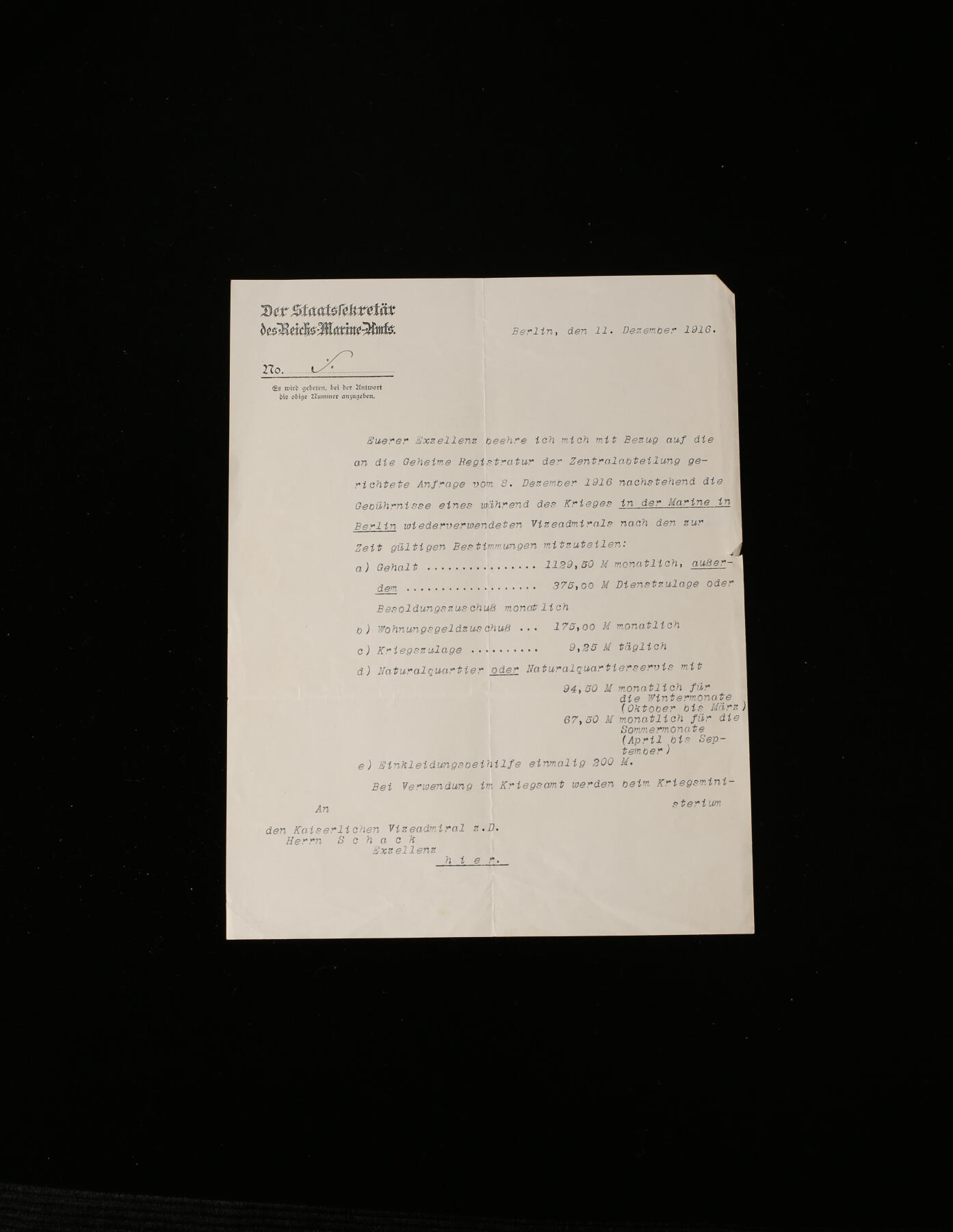戎马世界章牌大赏第112期 德专场 帝国海军部给海军中将 威廉沙克的退役薪资核算文件   （我看了一下 按照德国一战前金本位 一个月700g黄金左右？）