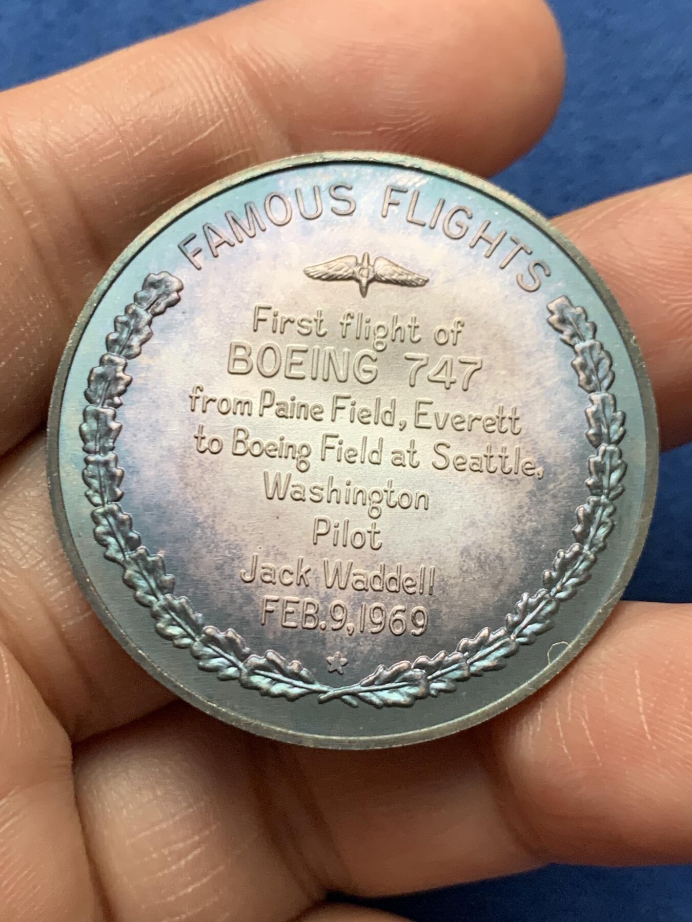《竞宝斋》第472场 周日，周一，周二 3场连拍 （全场包邮）欢迎送拍 1969年波音747首次飞行纪念银章，999银，直径：38.6mm，重：24.3g
