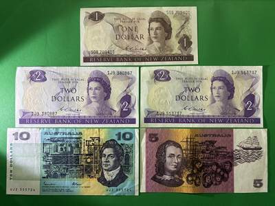 咖啡豆•收藏 2026年Mar_24th世界各国纸币拍卖 - 5枚 新西兰/澳大利亚 美品XF-AU 外国 大洋洲纸币