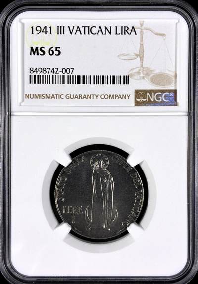 【雨安】【直播拍卖】【第0129期-评级币章】2026-03-21 周六 19:30 (金价1115, 银价20.09) - [评级欧洲] Vatican 梵蒂冈 1里拉 1941年  NGC-MS65